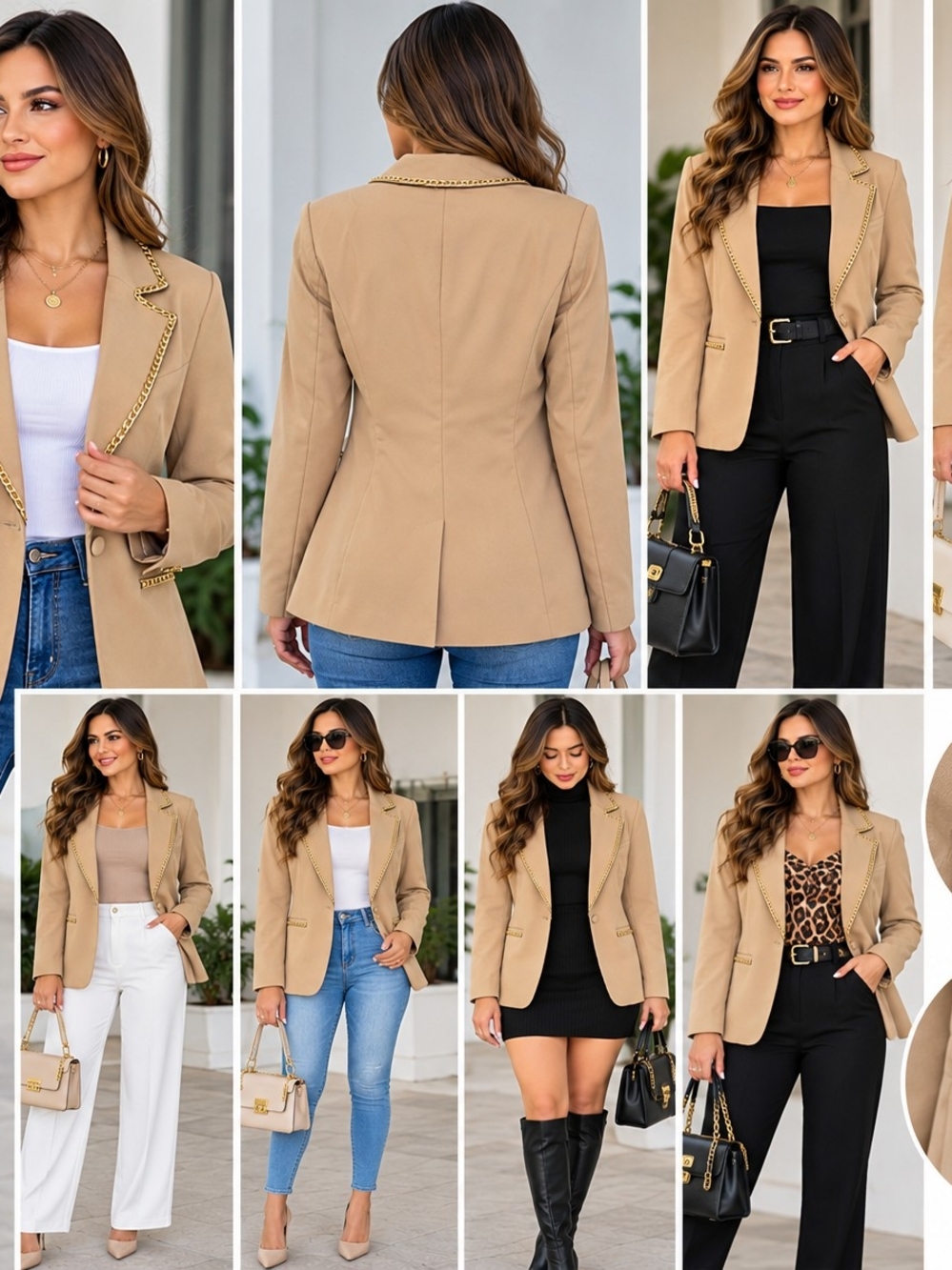 Beige Chain-Trim Tailored Blazer - Women's
